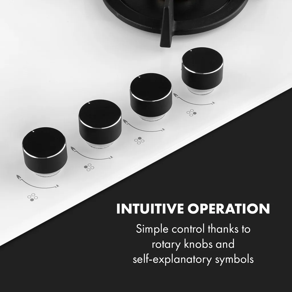 Klarstein Goldflame 4 Gaskochfeld , 4-flammig , Autark , 60 Cm , Einbau , Messing-Brenner , Erdgas/Propangas , Sicherheitsventile , Automatische Abschaltung , Topfträger Aus Gusseisen , Inkl. Schlauch Und Druckminderer , Glaskeramik Ø 8 Mm , Weiß – Bild 4