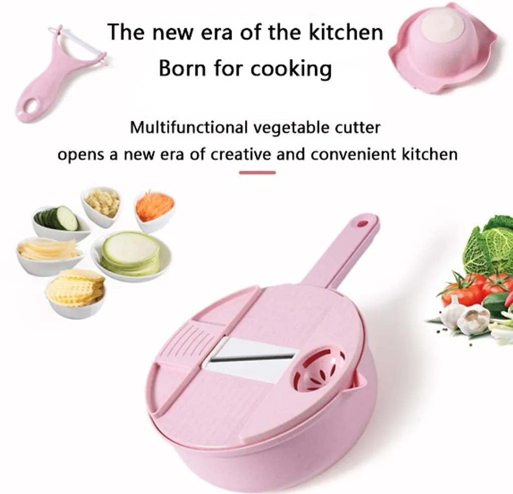 Stretoey 12 In 1 Gemüseschneider, Multifunktional Reibe, Allesschneider Zerkleinerer, Manuell Geschnitten, Rosa – Bild 3