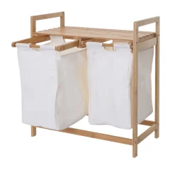 Mendler Wäschesammler HWC-B83, Laundry Wäschesortierer Wäschekorb Wäschebehälter, Bambus 2 Fächer 74x64x33cm 70l Weiß