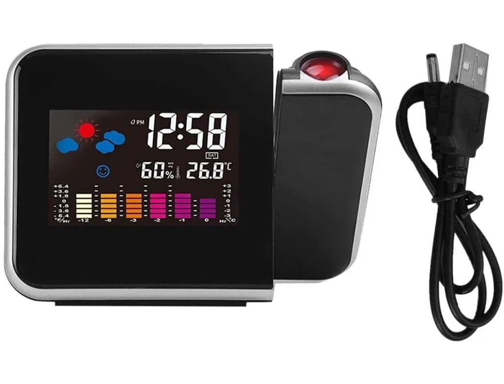 Mmgoqqt Projektionswecker, LCD-Projektions-Digitalwecker, 2 7 Gute Batterien, LCD-Farbbildschirmbeleuchtung, Digitaler Schlummerwecker, Mit Temperaturanzeige, Hygrometer, Innentemperatur, Wecker, Uhrzeit, Datumsanzeige – Bild 3