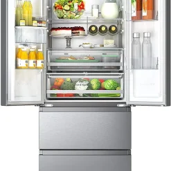 Hisense RF632N4WIE French Door Kühl-Gefrierkombination/ NoFrostPlus/ Inverter-Kompressor/ Wasserspender/ CrispZone/ 200 Cm/ Kühlteil 336 L/ Gefrierteil 149 L/ 38 DB/ 295 KWh/ Jahr/ Inox-Look