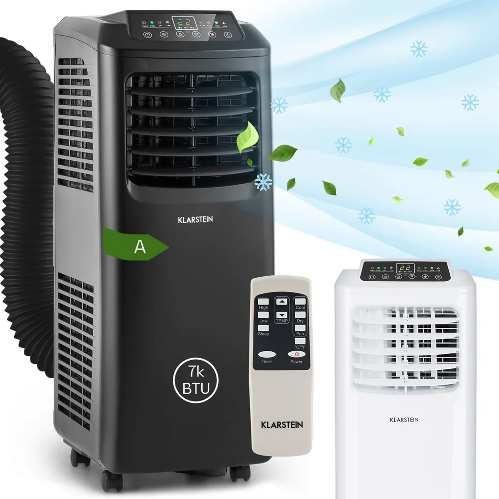 Klarstein Mobile Klimaanlage Mit Abluftschlauch - Ventilator Luftentfeuchter Nachtmodus Funktion - 7.000 BTU 21-34 M² - Mobiles Klimagerät Mit Fernbedienung - Air Conditioner Mobil - Schwarz