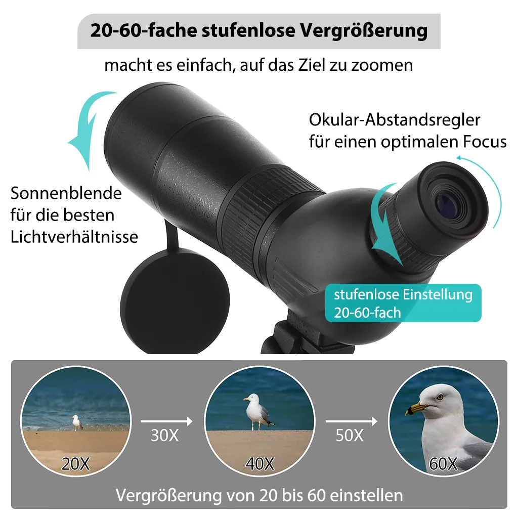 LMJK Spektiv 20-60x60 Zoom Inkl. Handyhalterung Und Vollwertigem Stativ, Hochauflösendes Zoomteleskop Für Vogelbeobachtung, Schießen Bzw. Jagd, Schwarz – Bild 2