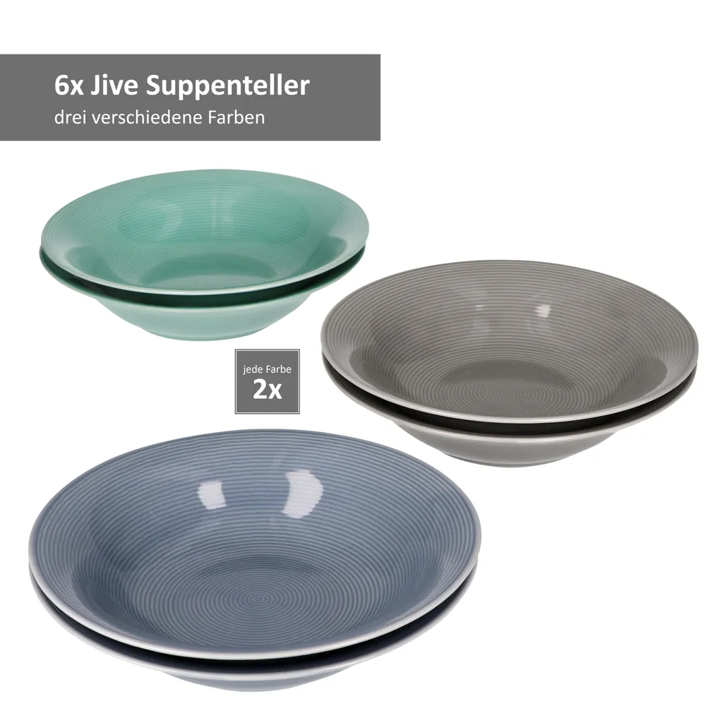 Van-Well 24tlg Geschirrset Jive 6Pers Kaffeebecher Suppenteller Kuchenteller Speiseteller Porzellan Bunt – Bild 5