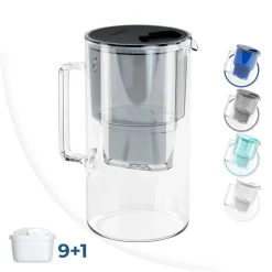 Glas Wasserfilter Wessper 2,5 L Mit 10 Filterkartuschen, Kompatibel Mit Brita Maxtra Schwarz