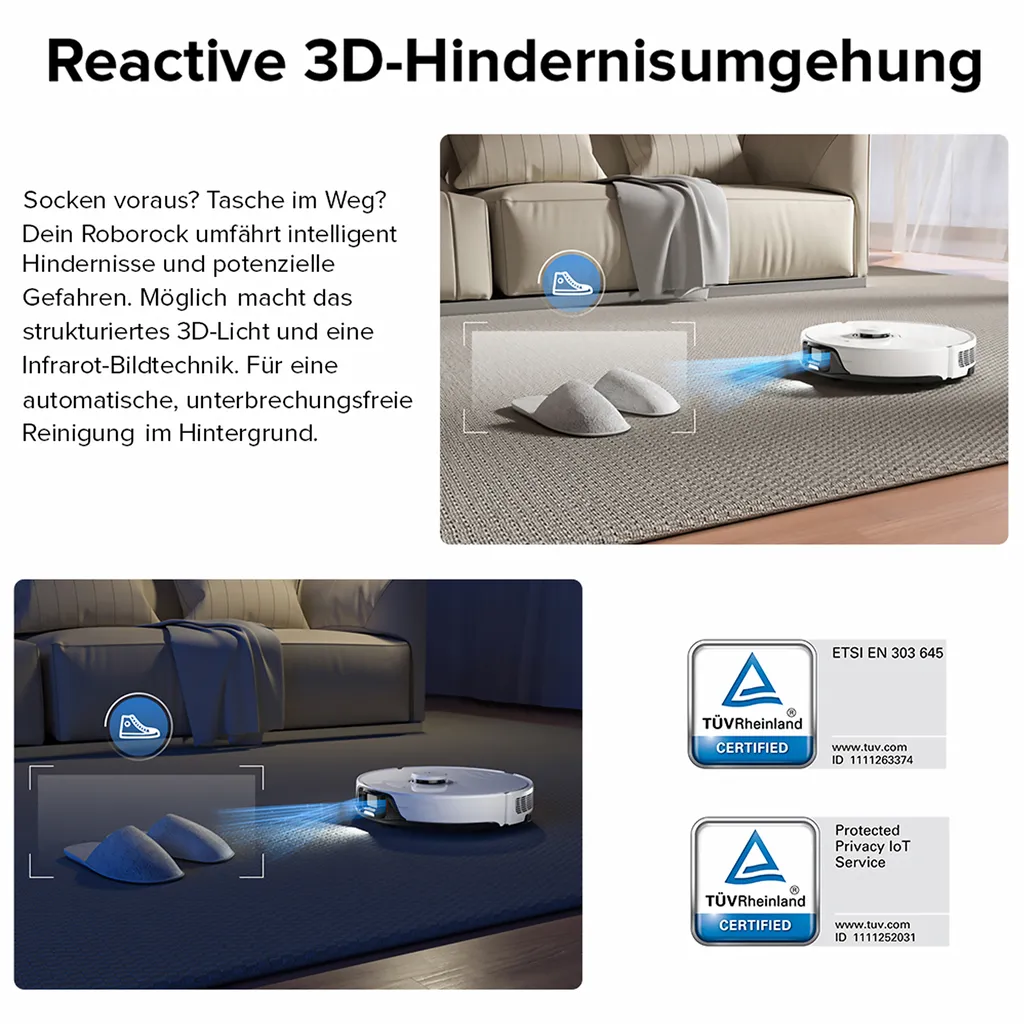 Roborock S8 Staubsauger Roboter Sonic Saugroboter 6000Pa DuoRoller-Bürste VibraRise Wischen 3D-Mapping 3D-Strukturiertes Licht LiDAR Kindersicherung APP Control (Weiß) – Bild 9