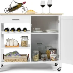 COSTWAY Küchenwagen Auf Rollen, Kücheninsel Mit Schublade, Weinregal, Offene Regale & Handtuchhalter, Platzsparender Servierwagen, Für Küche, Esszimmer, Bar, Weiß