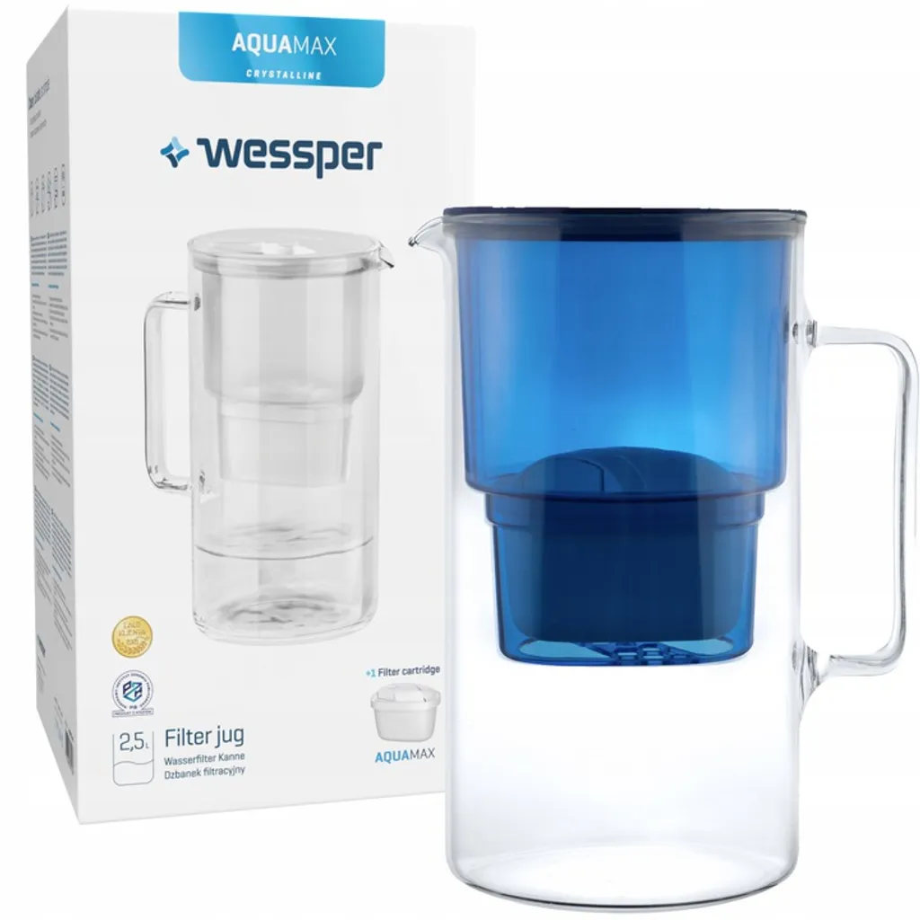 Wessper Set: AquaMax Crystalline 2.5L Glaskrug Mit Filter + ActiveMax Crystalline 1L Glas-Incentiveflasche Mit Silikonhülle Blau – Bild 2