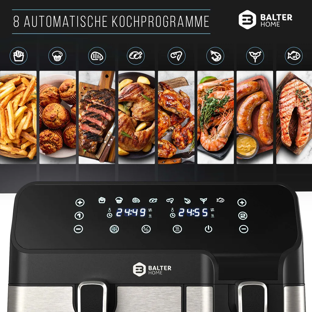 BALTER Heißluftfritteuse Mit Doppelkammer HL-850D, 9L (5,5L + 3,5L), 2 Speisen Gleichzeitig, 9 Programme , Friteuse Ohne Öl, Dual Zone, Airfryer, Heis – Bild 4
