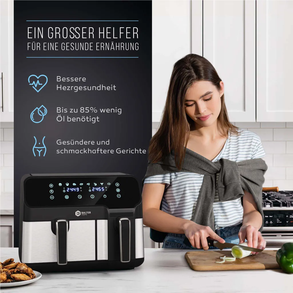 BALTER Heißluftfritteuse Mit Doppelkammer HL-850D, 9L (5,5L + 3,5L), 2 Speisen Gleichzeitig, 9 Programme , Friteuse Ohne Öl, Dual Zone, Airfryer, Heis – Bild 7