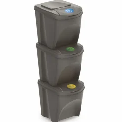 Spetebo Sortibox Mülleimer Mit Deckel 3er Set - 25 L / Steingrau - Müll Trennsystem Abfall Trenner Stapelbar