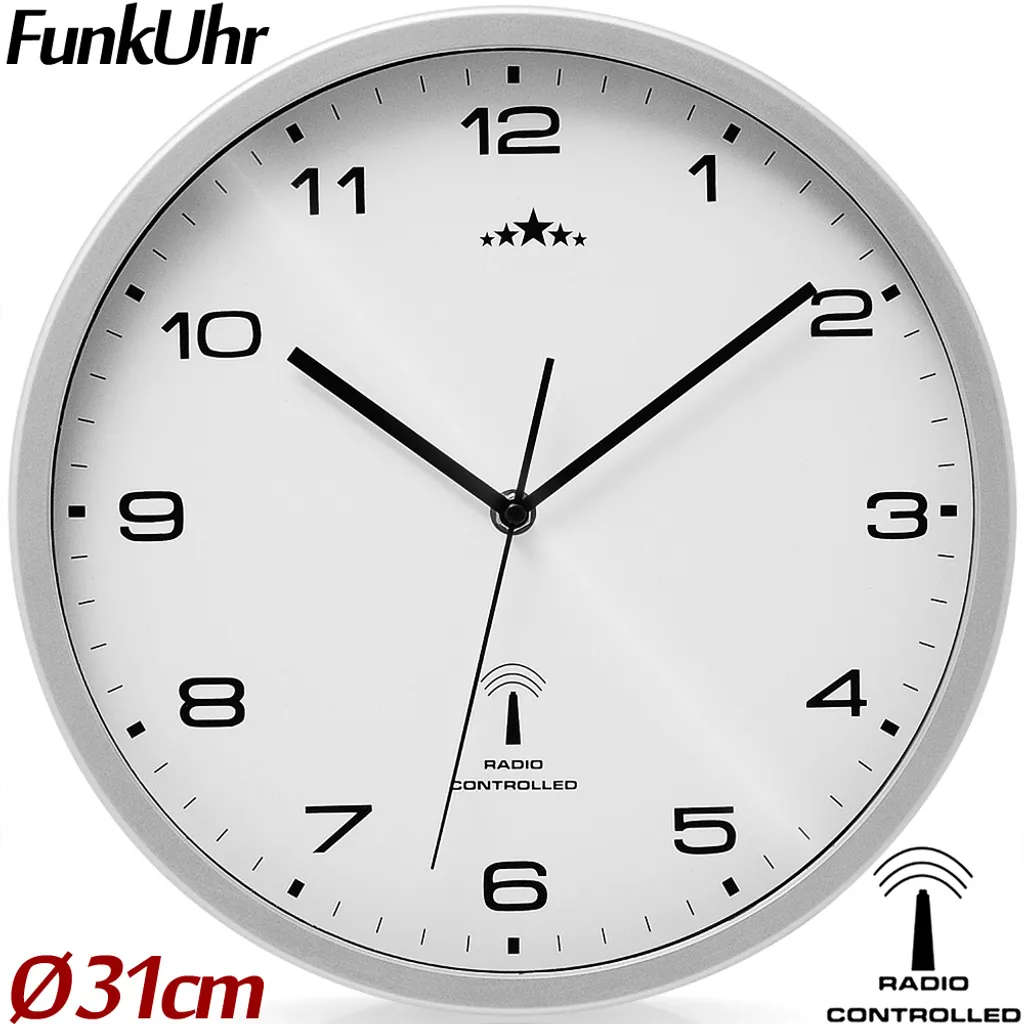 Monzana Wanduhr Funk Automatische Zeitumstellung Geräuscharm Quarzuhrwerk Analog 31cm Indoor Funkuhr Uhr Modern Weiß Silber – Bild 6