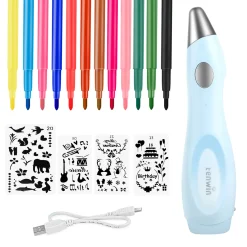 Forever Speed Speed Spray Kunst Elektrische Airbrush Für Kinder Mit 12 Filzstiften & 4 Schablonen,Wasserstifte Waschbar Ungiftig, Airbrush Fun Farben Sprühen Für Kinder (Blau)