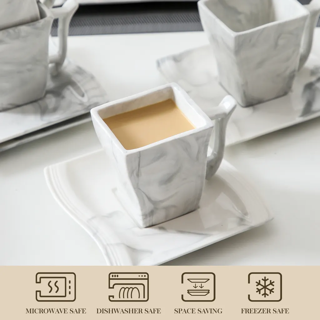 MALACASA, Serie Flora, 36 Tlg. Marmor Porzellan Kaffeeservice Geschirrset Mit 12 Kuchenteller, 12 Tasse 220ml, 12 Untertasse Für 12 Personen – Bild 3