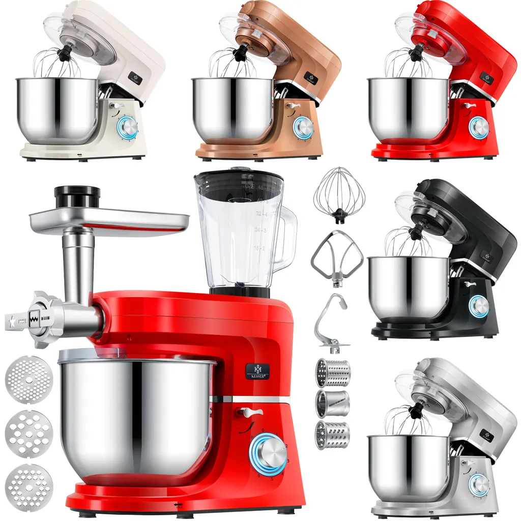 KESSER® 3 In 1 Universal Küchenmaschine K-KM 3000 Mit Fleischwolf Knetmaschine Multifuntionale Rührmaschine 5,5L Schüssel Mit 3 Rührwerkzeuge 1,5L Entsafter Wurst Set Pasta & Plätzchenformen, Farbe:Schwarz