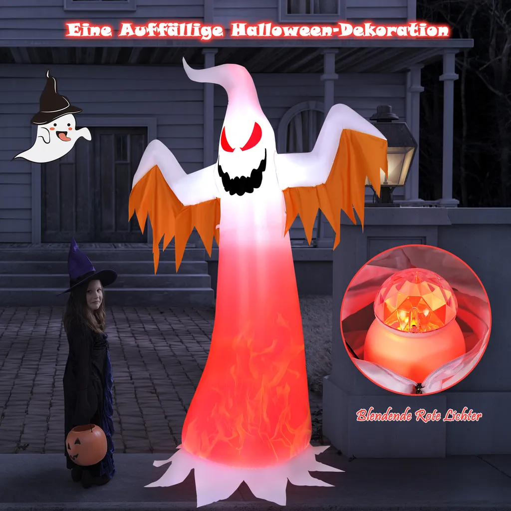 COSTWAY 180cm Aufblasbarer Geist Für Halloween, Selbstaufblasende Halloween-Dekoration Mit Roten LED-Lichtern, Schreckliche Dekogeis Für Hausgarten Rasen Garten Party – Bild 3