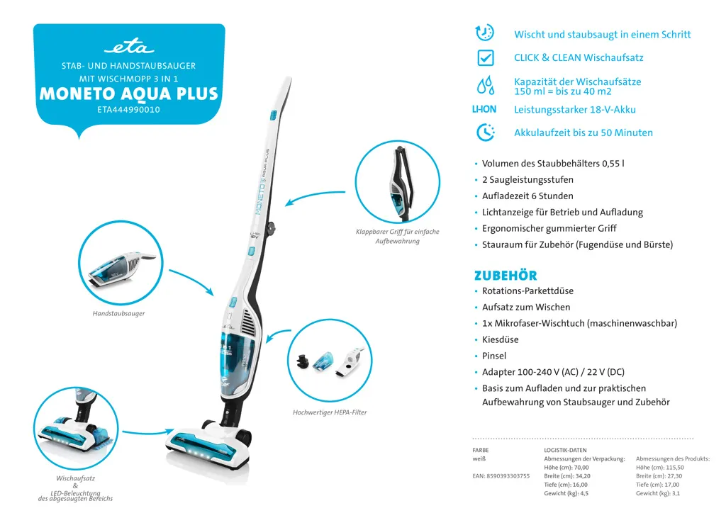 ETA MONETO AQUAPLUS ETA444990010, Stab- Und Handstaubsauger Mit Nasswischen 3 In 1, 18 V Li-Ion Akku, HEPA Filter, Zyklonfiltersystem, LED Kontrollleuchte – Bild 16