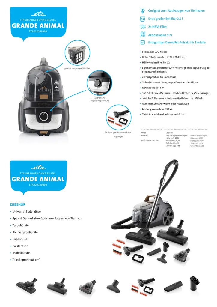ETA GRANDE ANIMAL Beutelloser Staubsauger ETA222390000, 850W, 2 X HEPA Filtr, DermoPet-Aufsatz, ECO Motor, 360 ° Drehbares Rad – Bild 28