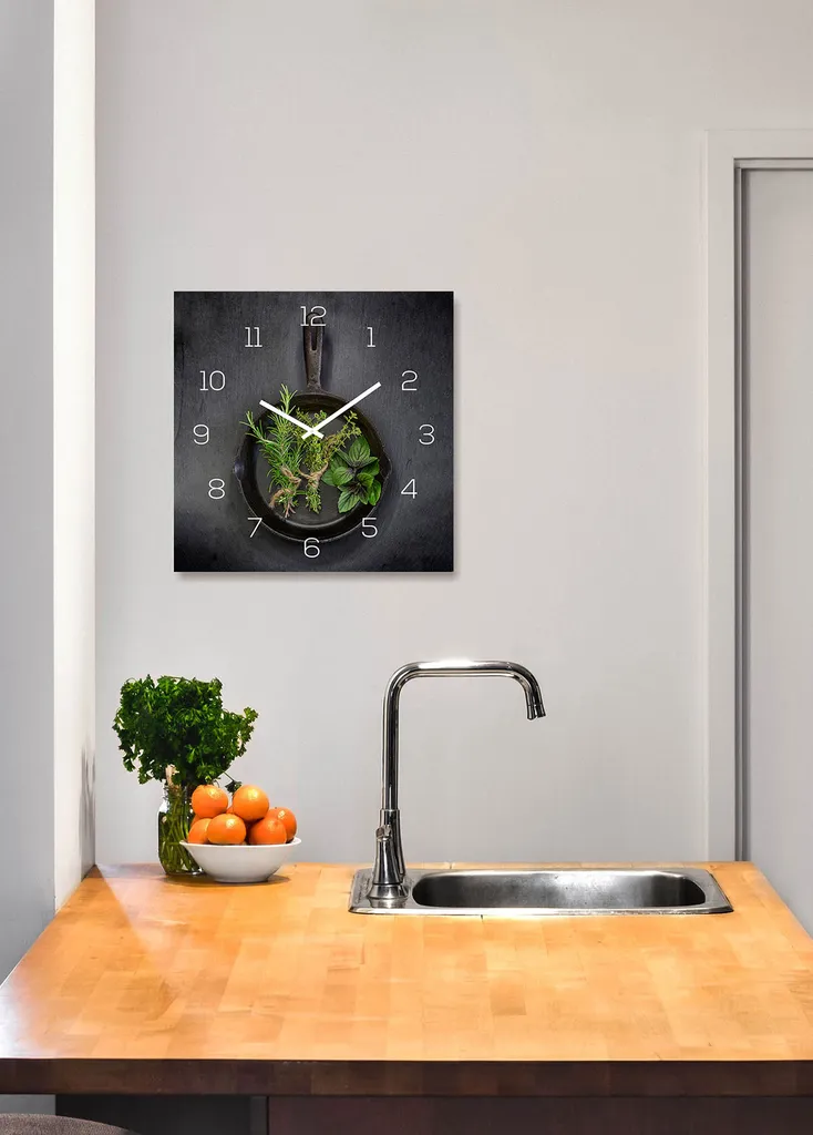 Levandeo Wanduhr Glas 30x30cm Glasuhr Uhr Glasbild Kräuter Küchenuhr Küche Deko – Bild 2