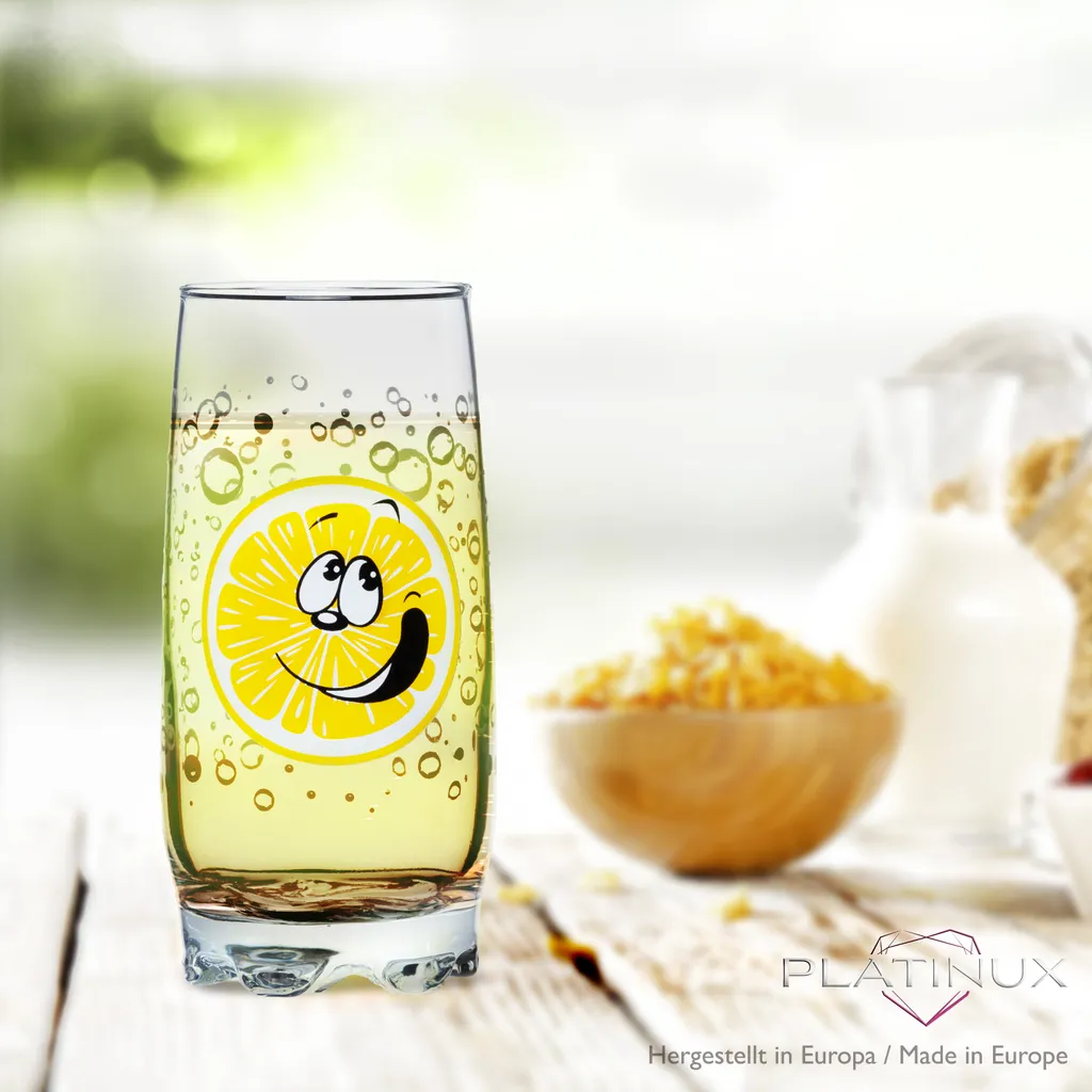 PLATINUX Trinkgläser Mit Lustigen Fruchtgesichtern 350ml (max. 400ml) Set 6 Teilig Aus Glas Bunt – Bild 5