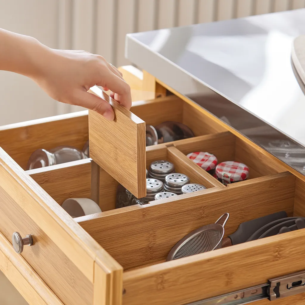 SoBuy FKW70-N Küchenwagen Servierwagen Kücheninsel Küchenschrank Aus Bambus Mit Edelstahlarbeitsplatte BHT Ca.: 115x92x46cm – Bild 8