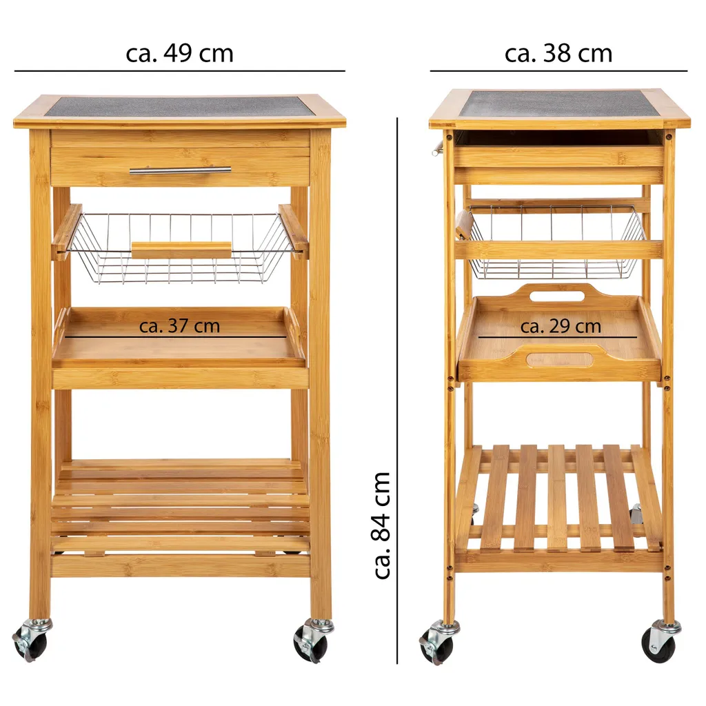 ONVAYA Küchenwagen Kyoto Auf Rollen, Küchenrollwagen Aus Bambus Mit Arbeitsplatte Schwarz Aus Stein, Praktischer Beistellwagen Für Die Küche Inkl. Schubladen – Bild 2