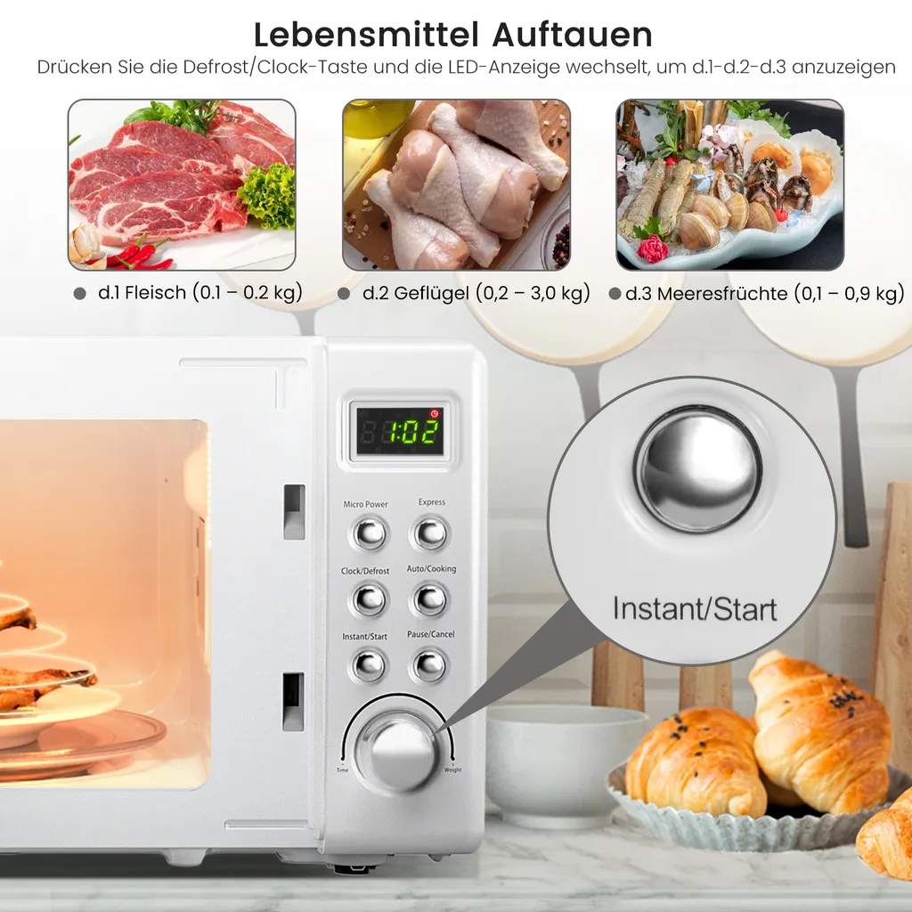 COSTWAY Mikrowelle 20L, 700 W Mikrowellenofen, Mit 8 Automatischen Programme, 5 Leistungsstufen, LED-Anzeige, Verzögerter Start, Retro, Weiß – Bild 3