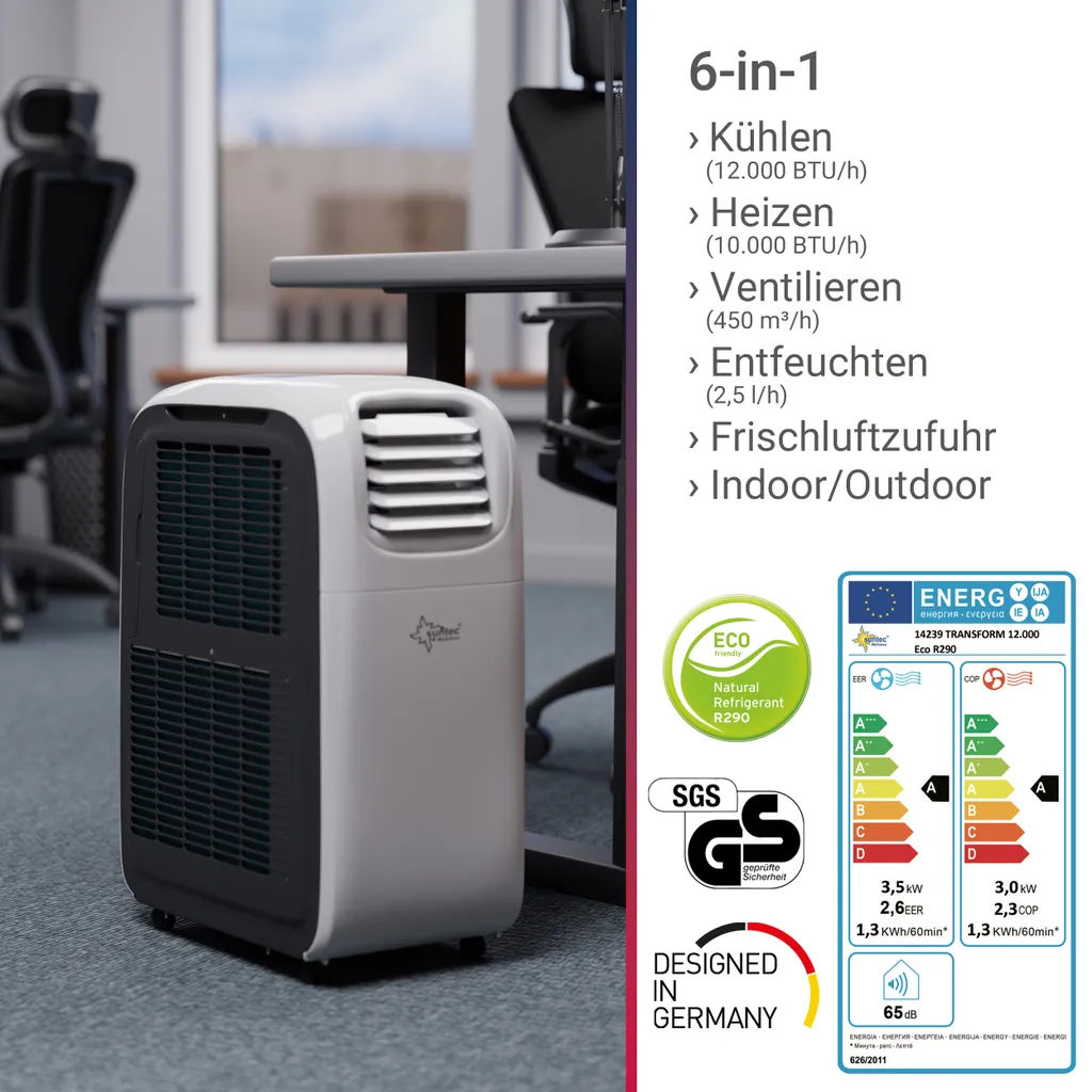 SUNTEC Mobiles Lokales Klimagerät Transform 12.000 Eco R290 | Geeignet Für Räume Bis 130m3 (60 M2) | Inkl. Abluftschlauch | Kühler Und Entfeuchter Mit ökologischem Kühlmittel R290 | 12.000 BTU/h, EEK A – Bild 2