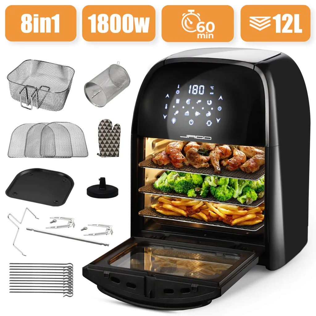 Jago® XXXL 8in1 Heißluftfritteuse 12L + 10 Zubehör - 1800W, LED Display Mit Touch Screen, 8 Programme / Timer, Ohne ÖL - Airfryer, Heißluft, Fritteuse, Heißluftofen, Backofen, Dehydrator, Grill
