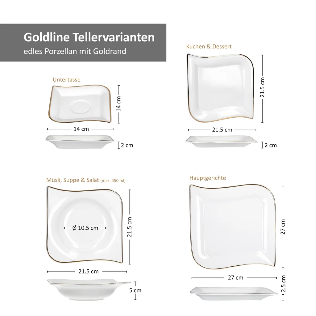 Van-Well 30tlg Geschirrset Silverline Kombi 6Pers Gold Kaffee Unterteller Kuchen/Speiseteller Suppenschale – Bild 6