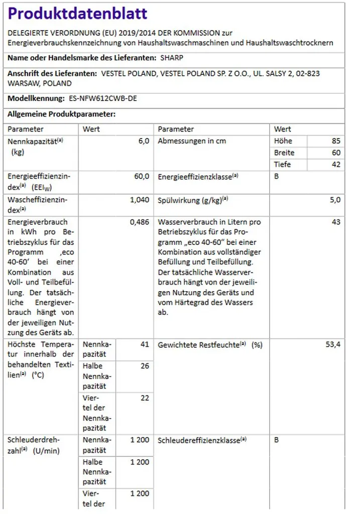 Sharp - ES-NFW612CWB-DE - Waschmaschine - 6 Kg - Raumsparmodel – Bild 4
