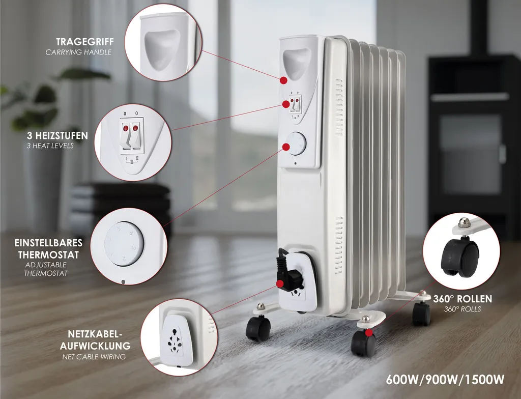 Spetebo Ölradiator Elektro Heizung 1500W - 6 Rippen - Lamellen Heizkörper Radiator Öl Heizer Elektrisch – Bild 2