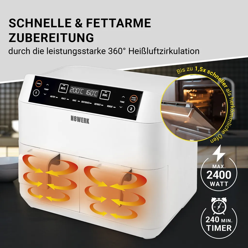 Maxxworld N8WERK Doppel-Heißluftfritteuse - 7,6l Heißluft Fritteuse Friteuse Fritöse XL Air Fryer Edelstahl Doppelkorb 2x 3,8L – Bild 5