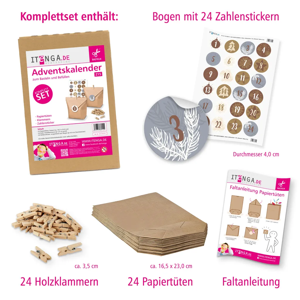 Itenga Adventskalender Set 15 Geschenktüten + Klammern + Sticker – Bild 6