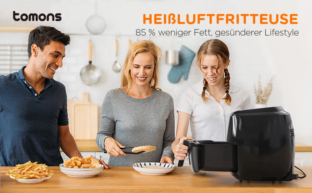 Tomons Heißluftfritteuse XXL 5,5 L Elektrofritteuse, 1800W, Airfryer Ohne Fett Und Öl, Friteuse Heißluft Mit 8 Voreinstellungen, Alarmtimer, Digitales Touch-Display, Frittierkorb Und Rezeptheft – Bild 10