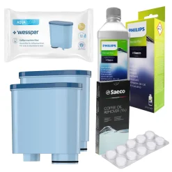 Aquafloow Set Entkalker 250 Ml + 2x Wessper AquaClear Filter Und Milchkreislaufreiniger Für Saeco AquaClean Maschine