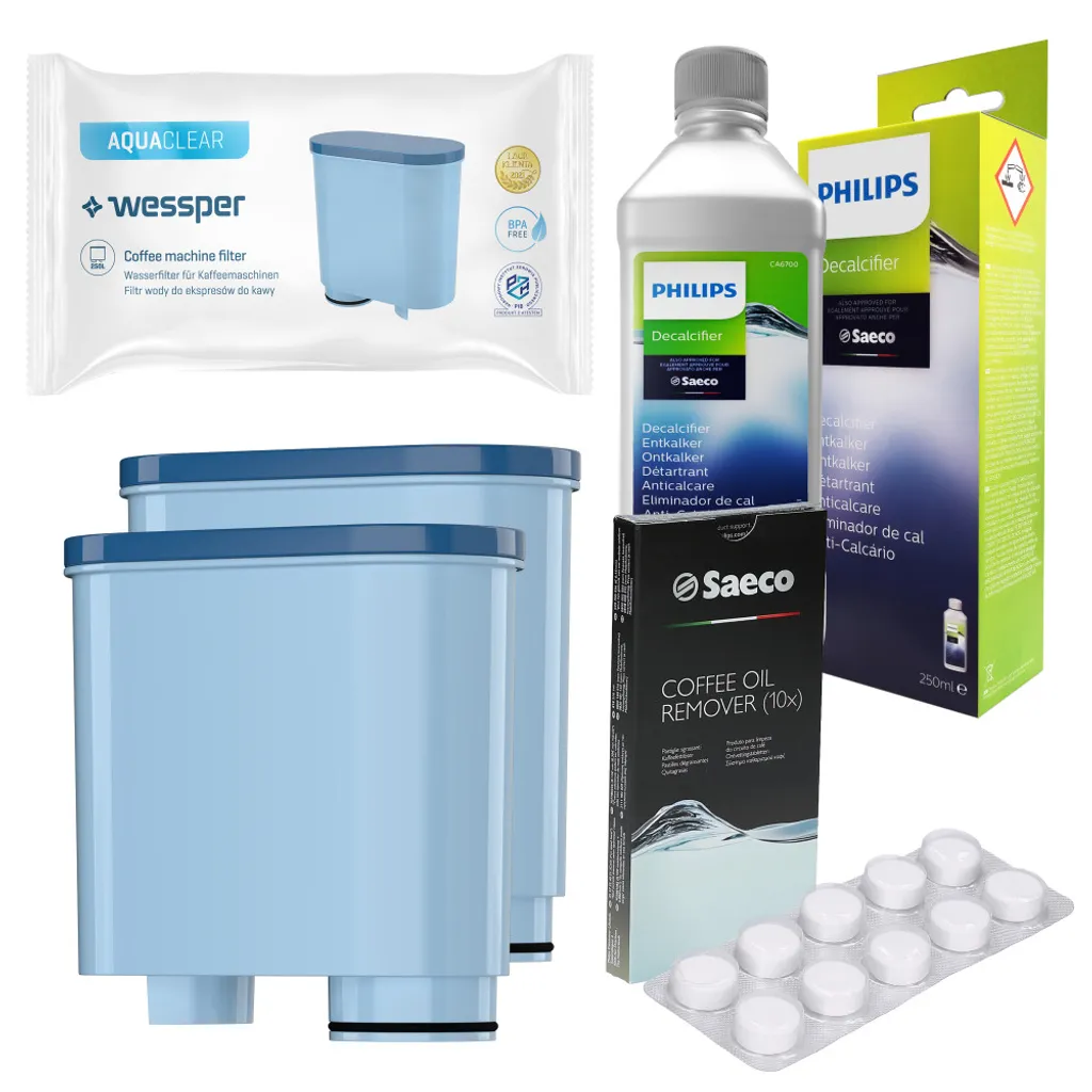 Aquafloow Set Entkalker 250 Ml + 2x Wessper AquaClear Filter Und Milchkreislaufreiniger Für Saeco AquaClean Maschine