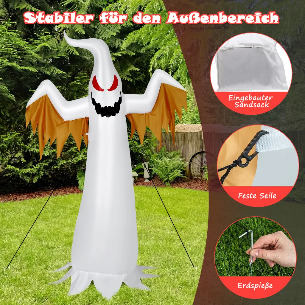 COSTWAY 180cm Aufblasbarer Geist Für Halloween, Selbstaufblasende Halloween-Dekoration Mit Roten LED-Lichtern, Schreckliche Dekogeis Für Hausgarten Rasen Garten Party – Bild 5