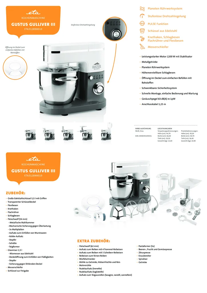 ETA Küchenmaschine Gustus Gulliver III ETA312890010, 1200 W, 5,5 L Schüssel, Metallgetriebe, Planeten Rührwerksystem, PULSE Funktion, Thermosicherung, Knethaken, Schlagbesen, Stufenlose Drehzahlregelung – Bild 22