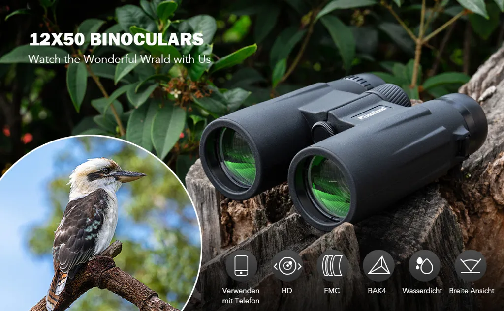 Usogood 12x50 Fernglas Erwachsene Wasserdicht, HD Kompakte Binoculars Ferngläser Mit Stativ Und Telefonadapter, Für Die Vogelbeobachtung, Jagd, Wandern, Geschenke, 12X Zoom, 1000m Sichtfeld – Bild 2