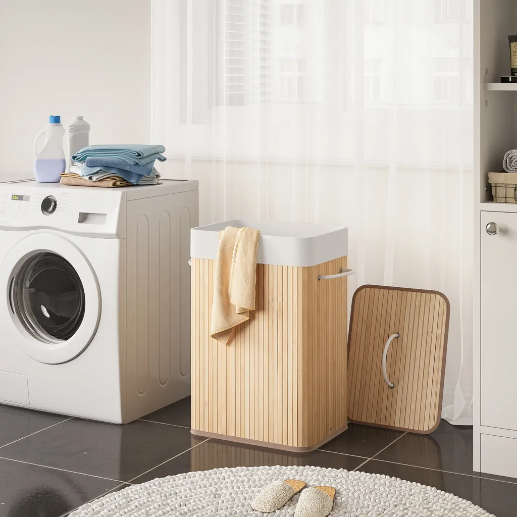 Meerveil Wäschekorb Aus Bambus, Wäschebox, Wäschesammler, Faltbar, Mit Abnehmbarem Deckel Und Waschbarem Futter, 72L, 40 X 30 X 60 Cm – Bild 10