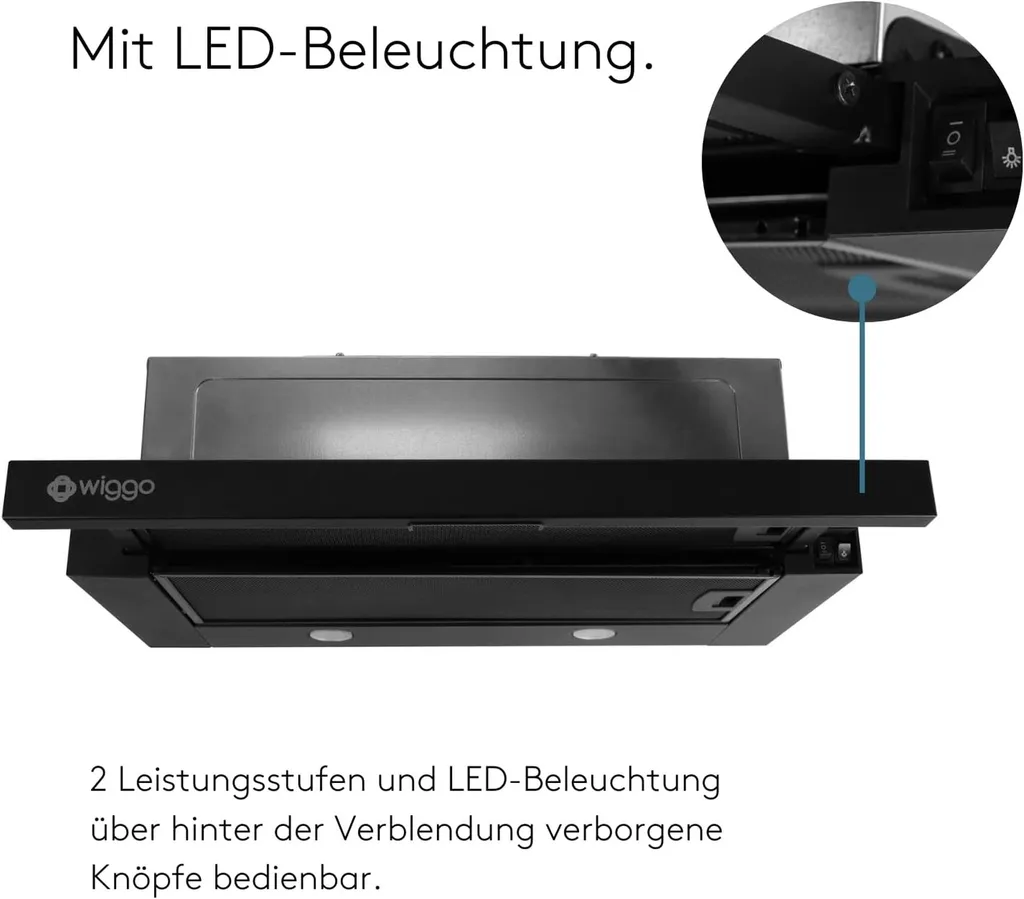 Wiggo Dunstabzugshaube 60cm WE-632ER Schwarz I Flachschirmhaube Für Abluft Oder Umluft Dunstabzug 300m³/h Mit LED-Beleuchtung I Einbau-Dunstabzugshaube Inkl. Fettfilter & 2× Kohlefilter – Bild 4