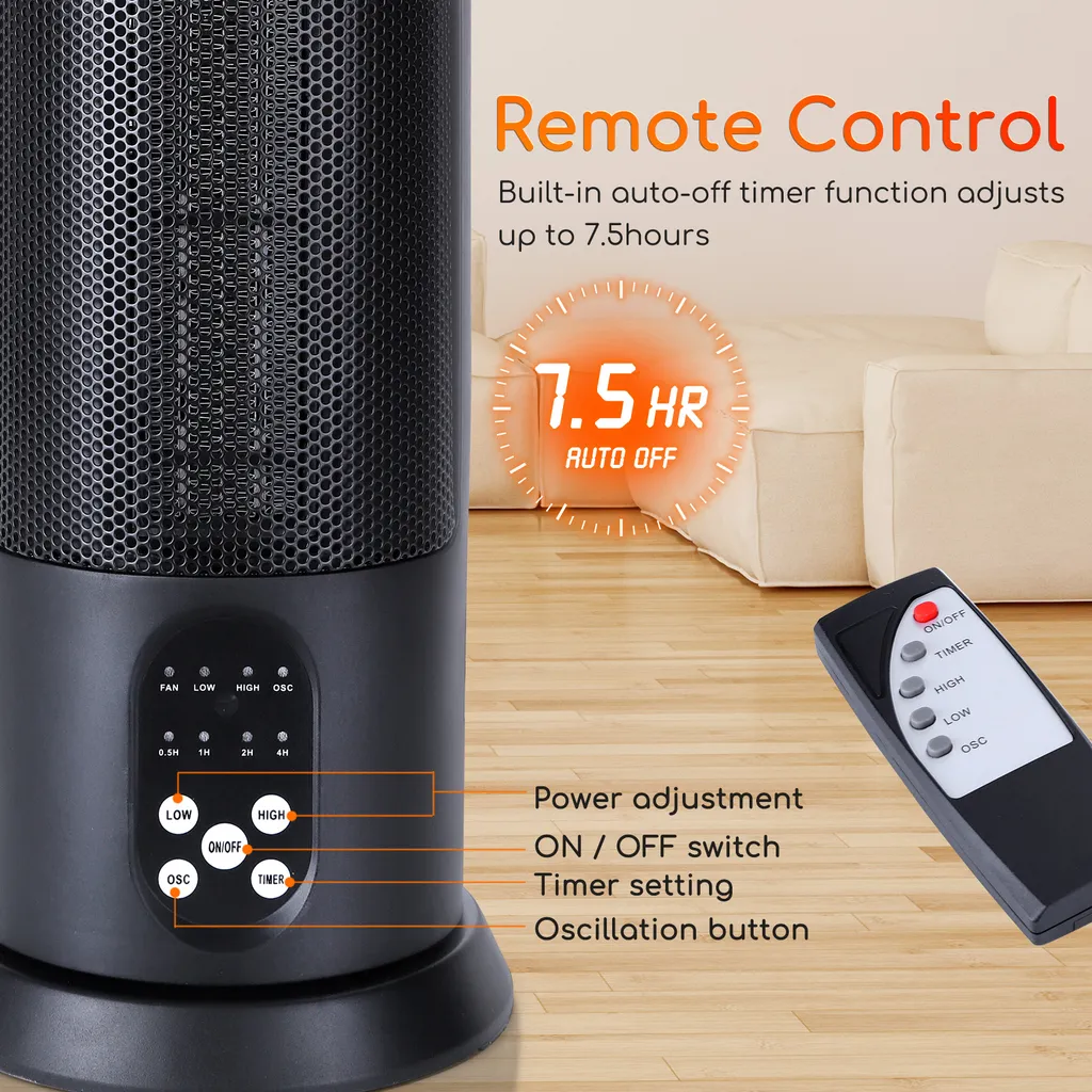 Aigostar Bert - PTC Keramik Heizlüfter Mit Fernbedienung, 3 Mode Heizstufen, 70° Oszillation, Leise Und Energiesparend Heizleistung 2000W, 7.5 H Timer, Heizung Heater Schnellheizer, Schwarz – Bild 6