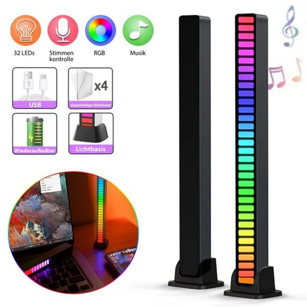 7MAGIC 2PCS Musik Atmosphäre Rhythmus Licht, RGB Voice-Activated Rhythm Light, Sound Pickup Light, Stress Relief Activated Light Colorful Office Rhythm Music LED Light Ambient Strip Decor Light Für Musik Parties, Spiele