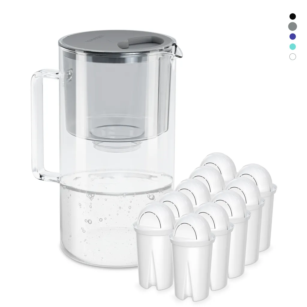 Wessper Glas Wasserfilter 2,5 L Mit 10 Filterkartuschen, Kompatibel Mit Brita Classic-Grau