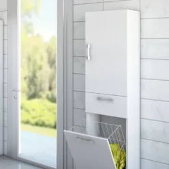 Dmora Wäscheschrank Mit 1 Tür, 100% Italy, Schrank Mit 1 Wäschekorb Und 1 Schublade, Moderne Badezimmersäule, 45x32h195 Cm, Weiße Farbe