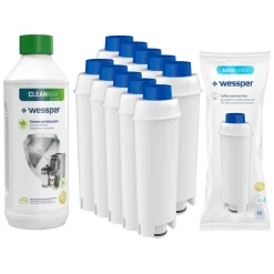 Espressomaschinen-Set: 10x Wessper AquaLunga Wasserfilterpatrone Für DeLonghi Espressomaschinen (SER3017 DLS C002) + Wessper CleanMax 500ml Entkalker