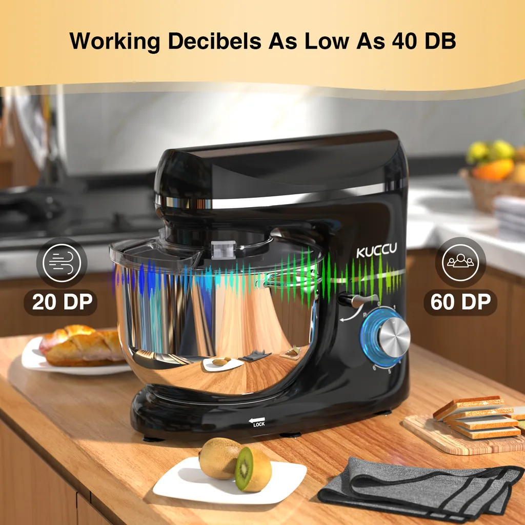 KUCCU Küchenmaschine,1500W Leistungsstarke Knetmaschine, Mit Knet-und Rührfunktion 6 Geschwindigkeiten Geräuscharme Teigknetmaschine 6,5 Liter Edelstahlschüssel Knethaken & Schneebesen Spritzschutz – Bild 3