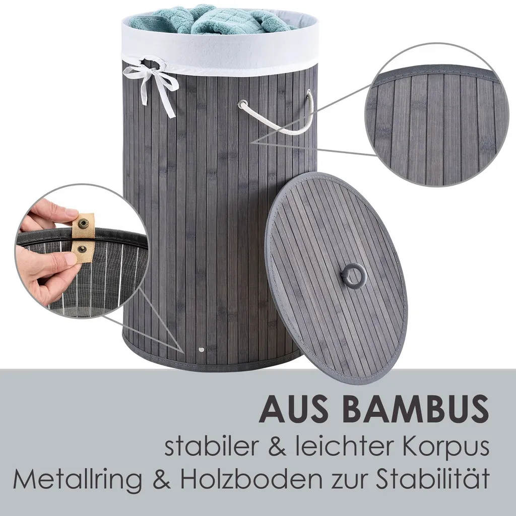 Juskys Bambus Wäschekorb Curly-Round – 55 Liter Volumen – Wäschesammler Mit Deckel, Tragegriffen & Stoff Wäschesack – 1 Fach Wäschebox – In Grau – Bild 7