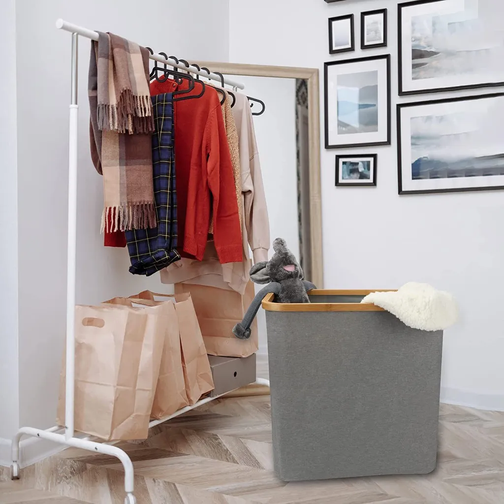 KAHOO Wäschekorb 73L Wäschesammler Aus Bambus + Leinen, 45x36x45cm, Faltbarer Sortier, Wäschebox Mit Deckel Und Griffen, Für Spielzeuge – Bild 6